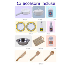 Bucatarie din lemn pentru copii chiuveta metalica vase si ustensile de gatit incluse 68x26x80 cm