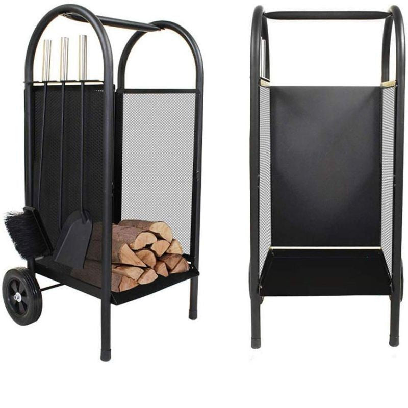 Carucior depozitat lemne pentru semineu 80 cm 3 accesorii otel negru
