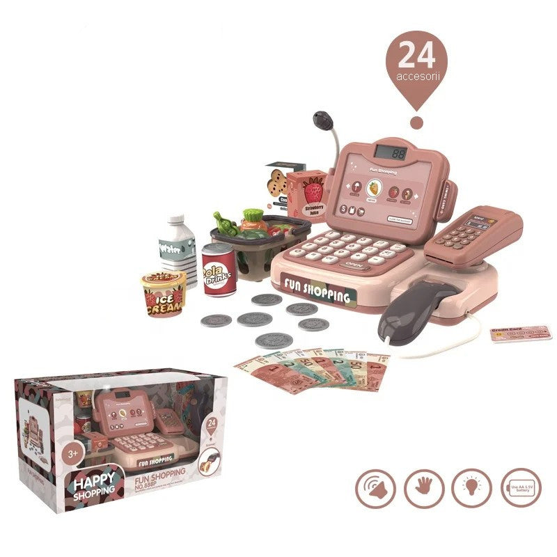 Casa de marcat de jucarie scanner produse microfon cos produse bani 24 accesorii efecte muzicale 25x16x15 cm