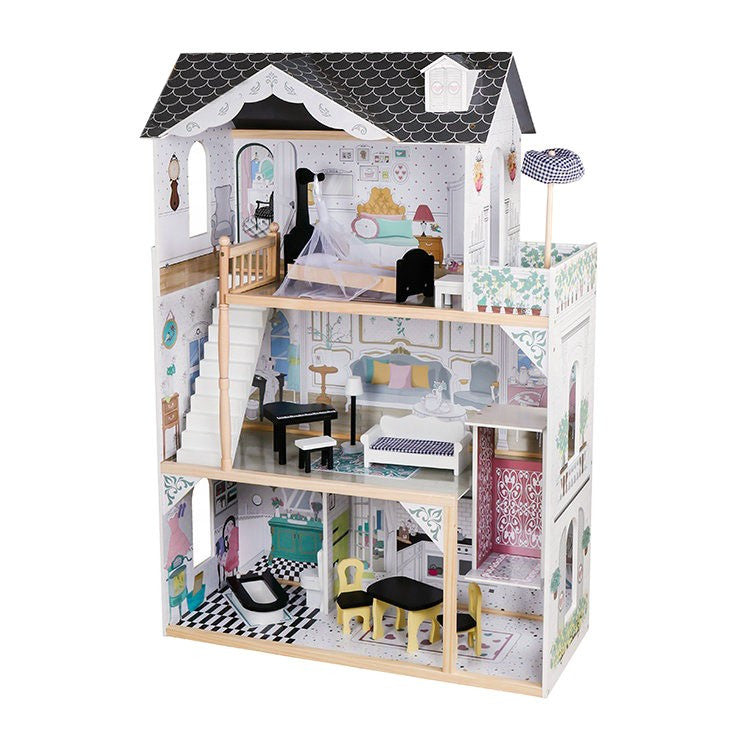 Casuta din lemn pentru papusi dimensiuni mari 121x80x41 cm 3 nivele 12 piese mobilier incluse