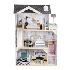 Casuta din lemn pentru papusi dimensiuni mari 121x80x41 cm 3 nivele 12 piese mobilier incluse