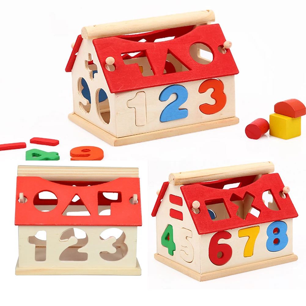 Casuta educativa cu sortator cifre si forme geometrice lemn 13x11x11 cm