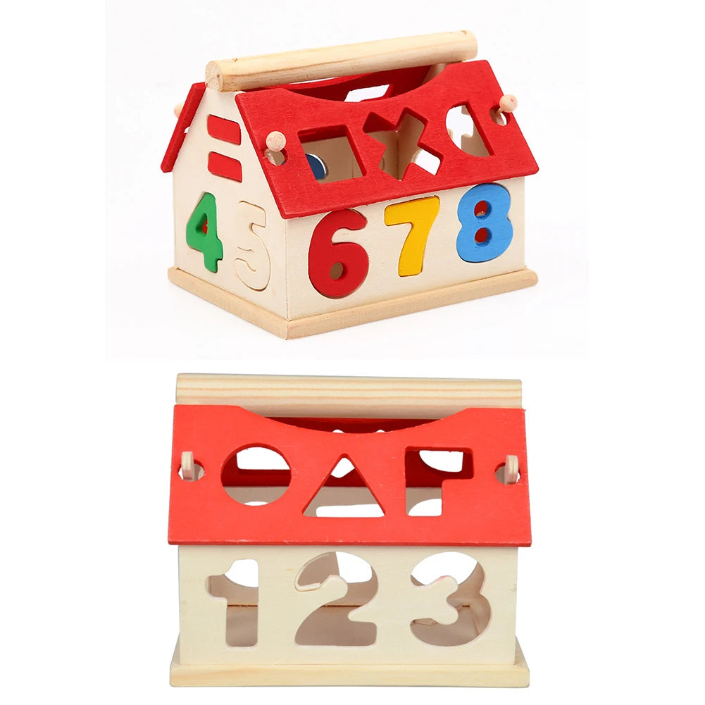Casuta educativa cu sortator cifre si forme geometrice lemn 13x11x11 cm