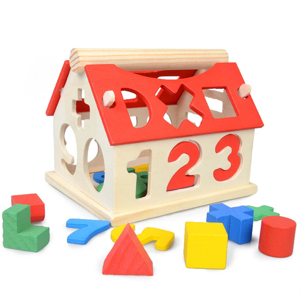 Casuta educativa cu sortator cifre si forme geometrice lemn 13x11x11 cm
