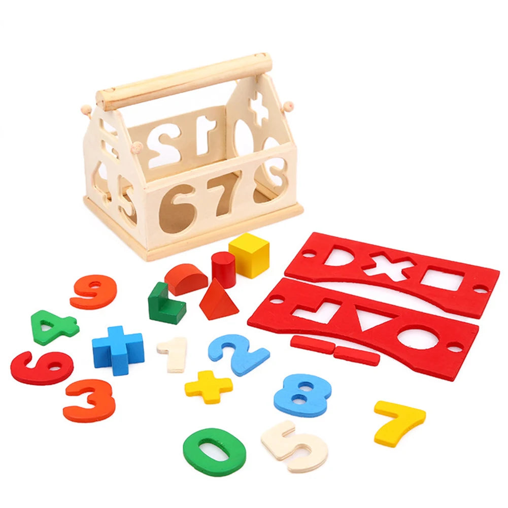 Casuta educativa cu sortator cifre si forme geometrice lemn 13x11x11 cm