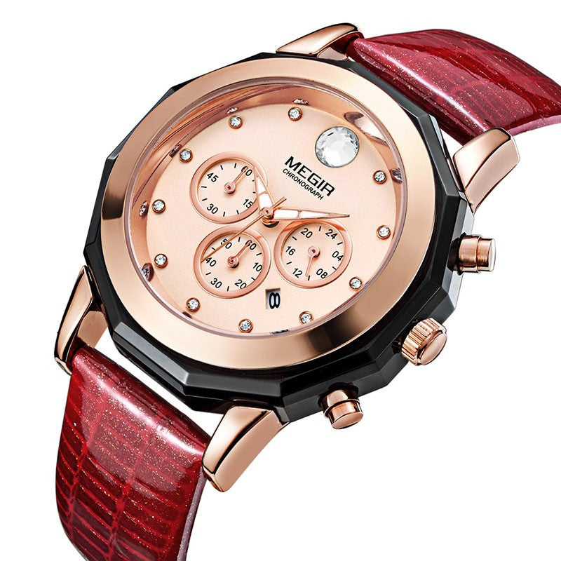 Ceas dama Quartz Multifunctional piele rosu Cronograf Megir