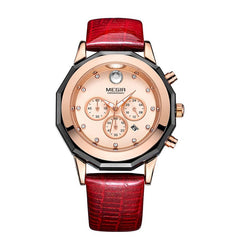 Ceas dama Quartz Multifunctional piele rosu Cronograf Megir