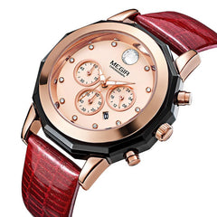 Ceas dama Quartz Multifunctional piele rosu Cronograf Megir