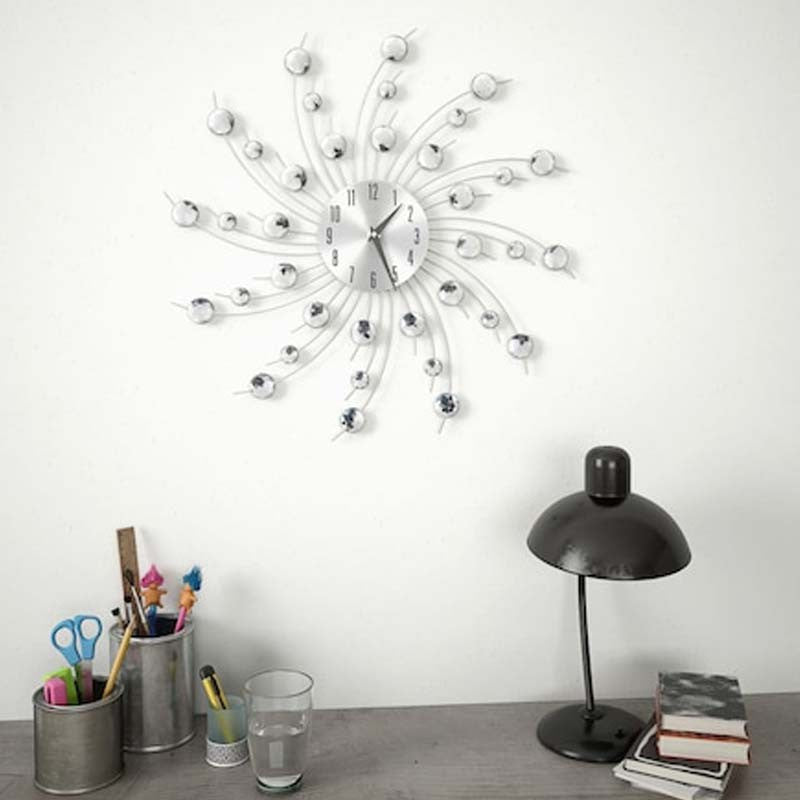 Ceas de perete cu cristale 50 cm mecanism quartz cifre arabe argintiu