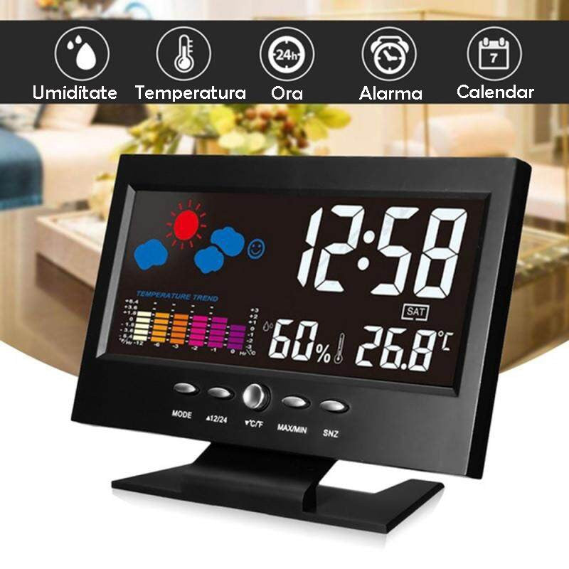 Ceas digital cu termometru si higrometru control vocal statie meteo alarma snooze senzor de sunet ecran lcd