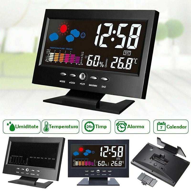 Ceas digital cu termometru si higrometru control vocal statie meteo alarma snooze senzor de sunet ecran lcd