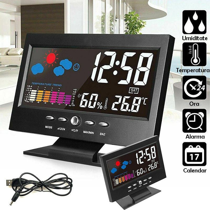 Ceas digital cu termometru si higrometru control vocal statie meteo alarma snooze senzor de sunet ecran lcd