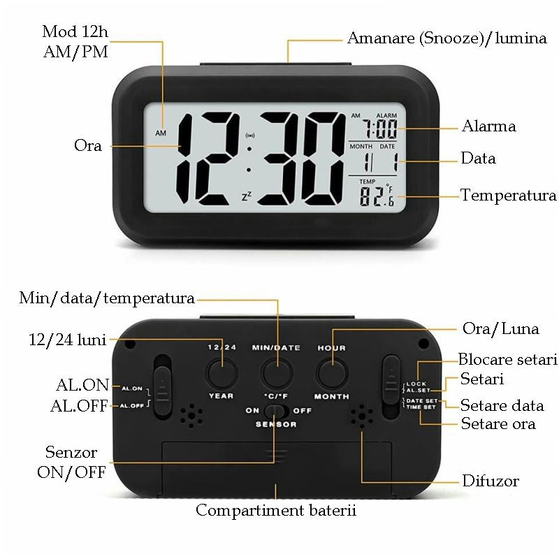 Ceas digital de birou afisaj lcd temperatura interior alarma data iluminare de fundal