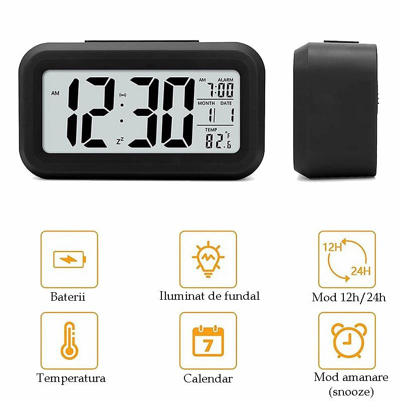 Ceas digital de birou afisaj lcd temperatura interior alarma data iluminare de fundal