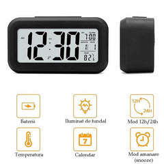 Ceas digital de birou afisaj lcd temperatura interior alarma data iluminare de fundal