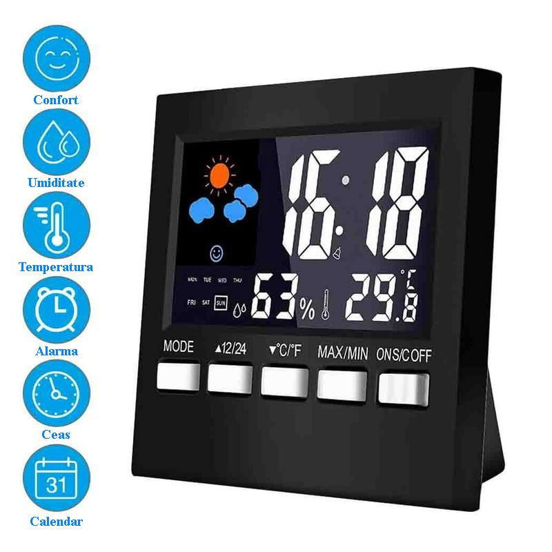 Ceas digital multifunctional de birou control vocal functie statie meteo ecran lcd calendar alarma