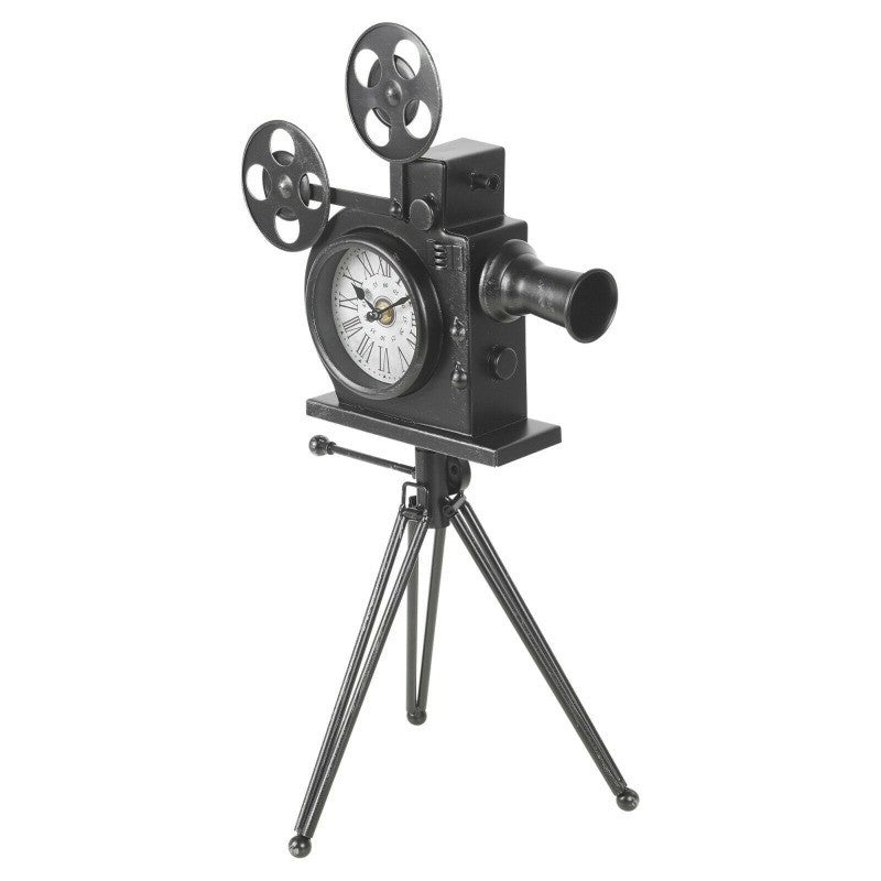 Ceas metal retro forma camera video cu trepied si 2 role film dimensiune 30-29-53 cm