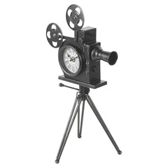 Ceas metal retro forma camera video cu trepied si 2 role film dimensiune 30-29-53 cm