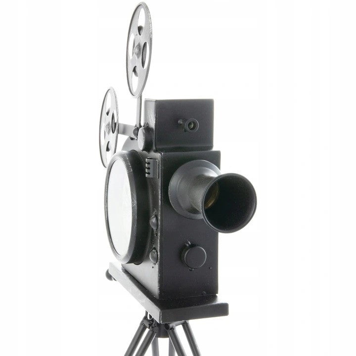 Ceas metal retro forma camera video cu trepied si 2 role film dimensiune 30-29-53 cm