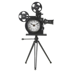 Ceas metal retro forma camera video cu trepied si 2 role film dimensiune 30-29-53 cm