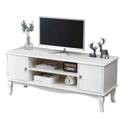 Comoda tv 120x40x50 cm rafturi 2 dulapuri depozitare picioare lemn pin mdf alb