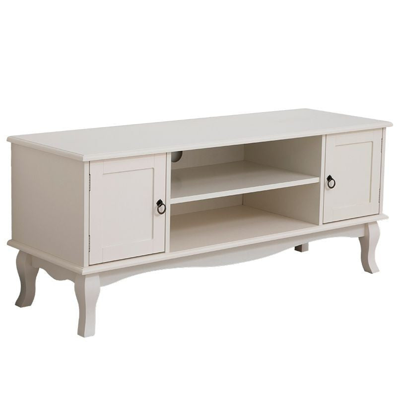 Comoda tv 120x40x50 cm rafturi 2 dulapuri depozitare picioare lemn pin mdf alb