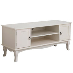 Comoda tv 120x40x50 cm rafturi 2 dulapuri depozitare picioare lemn pin mdf alb