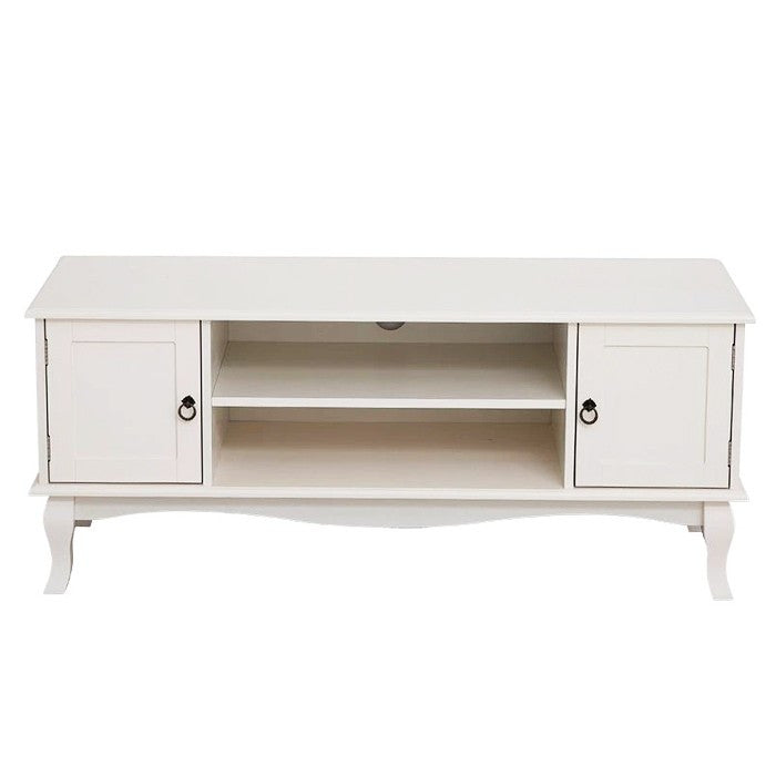 Comoda tv 120x40x50 cm rafturi 2 dulapuri depozitare picioare lemn pin mdf alb