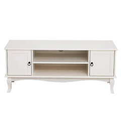 Comoda tv 120x40x50 cm rafturi 2 dulapuri depozitare picioare lemn pin mdf alb