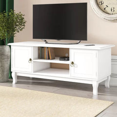 Comoda tv 120x40x50 cm rafturi 2 dulapuri depozitare picioare lemn pin mdf alb