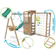 Complex de joaca ChallengeFort cu 2 leagane si monkeybar tobogan verde Dunster House