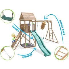 Complex de joaca cu 2 leagane si tobogan verde 2.9 m Dunster House
