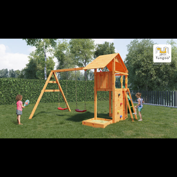 Complex joaca din lemn Smart 2 cu leagane zid de catarat si turn Fungoo