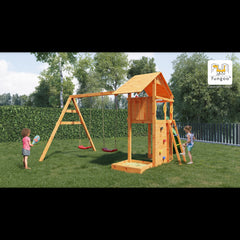 Complex joaca din lemn Smart 2 cu leagane zid de catarat si turn Fungoo