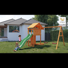 Complex joaca din lemn Smart 2 cu leagane zid de catarat si turn Fungoo