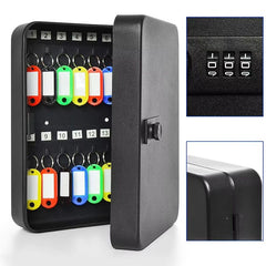 Cutie metalica cu cifru pentru depozitare chei fixare perete 48 brelocuri 25x20x7.5 cm negru