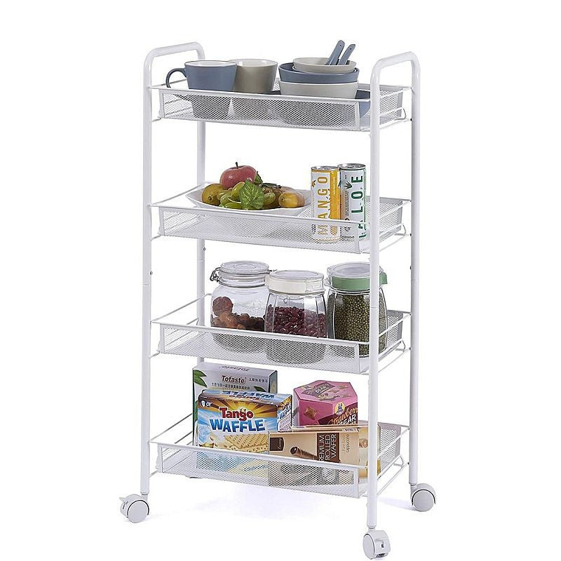 Etajera cu roti raft metalic cu 4 nivele depozitare carlige ustensile 48x27x84 cm alb