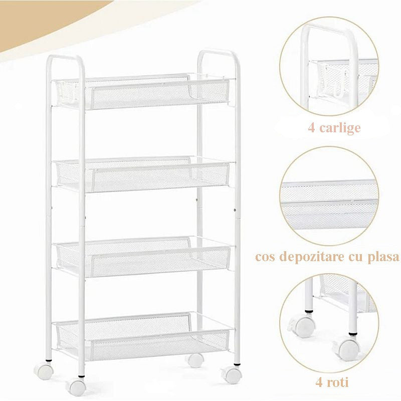 Etajera cu roti raft metalic cu 4 nivele depozitare carlige ustensile 48x27x84 cm alb