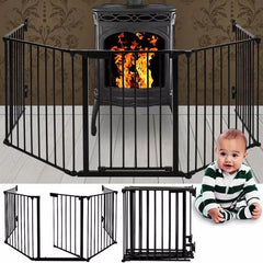 Gard de protectie semineu pentru copii si animale de companie 304x75 cm asamblare versatila grilaj metalic negru