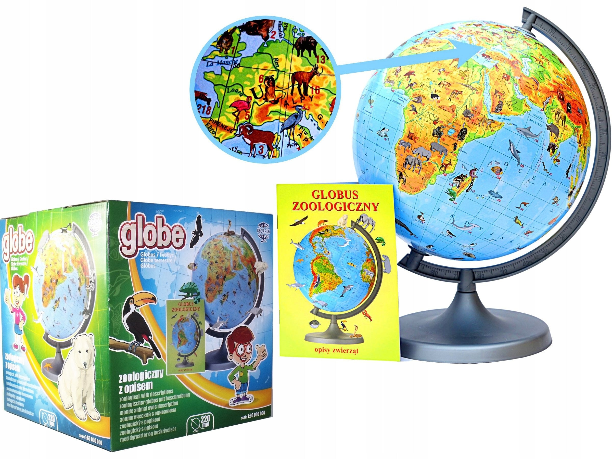 Glob Pamantesc Zooglobe Harta Fizica-Zoologica 22 cm cu carte 275 Animale
