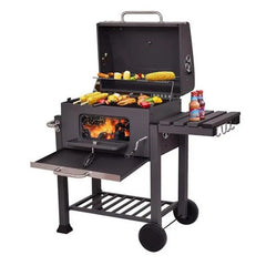 Gratar bbq pe carbune capac rabatabil cu termometru roti transport 115-46-106 cm grill 61.5-46-51 cm