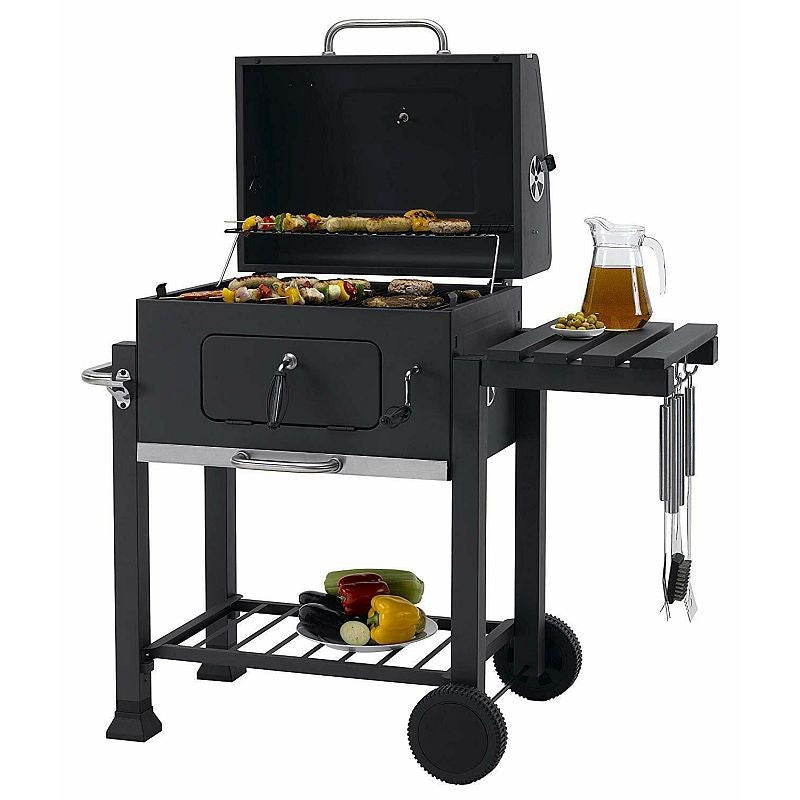Gratar bbq pe carbune capac rabatabil cu termometru roti transport 115-46-106 cm grill 61.5-46-51 cm