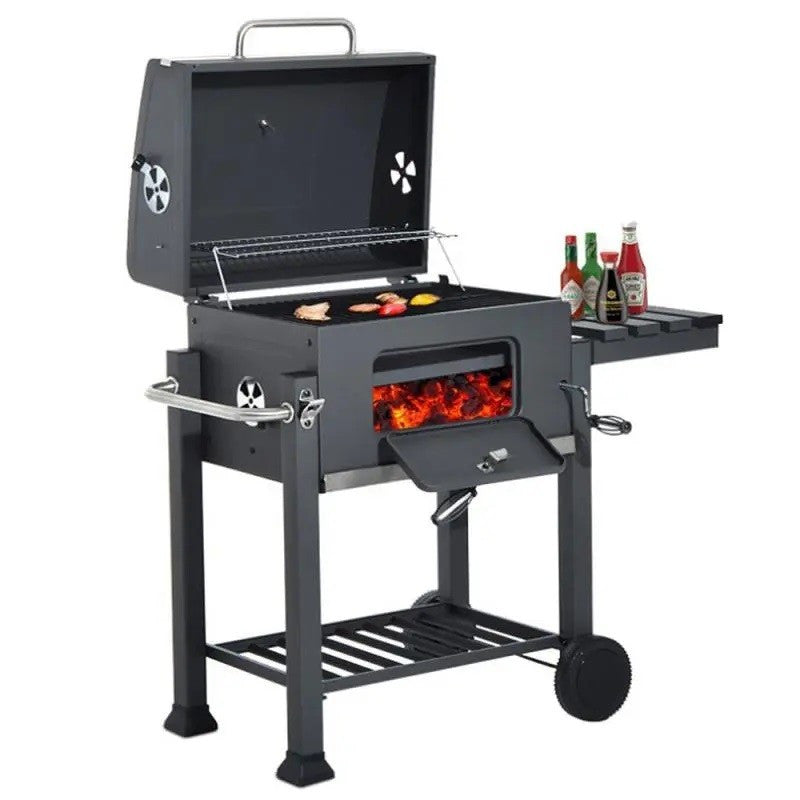 Gratar bbq pe carbune capac rabatabil cu termometru roti transport 115-46-106 cm grill 61.5-46-51 cm