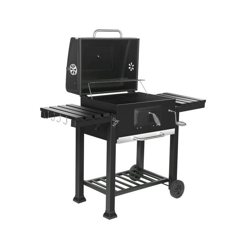 Gratar de gradina mobil termometru si recipient cenusa grill --l cu 2 rafturi pliabile 115-46-106 cm