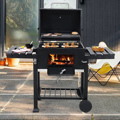 Gratar de gradina mobil termometru si recipient cenusa grill --l cu 2 rafturi pliabile 115-46-106 cm