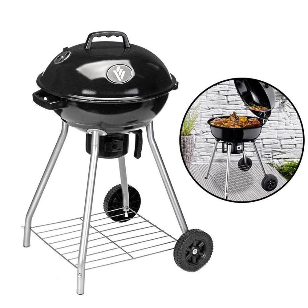 Gratar pe carbuni cu capac rotund metalic 2 roti suport diametru 56 cm