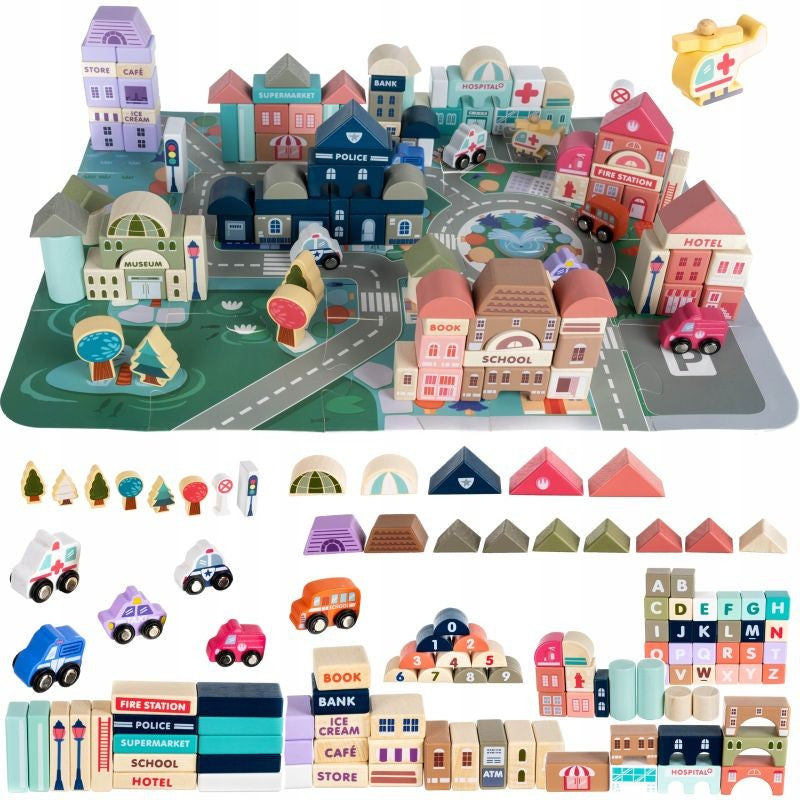 Joc cuburi lemn Oras Colorat 115 piese cu Vehicule tip puzzle