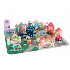 Joc cuburi lemn Oras Colorat 115 piese cu Vehicule tip puzzle