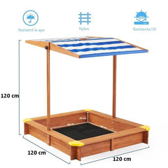 Lada de nisip pentru copii acoperis parasolar ajustabil rotativ la 180  grade 120x120x20 cm lemn