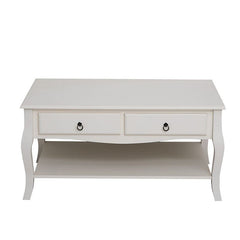 Masuta cafea 100x60x49 cm picioare lemn pin alb mdf 2 sertare raft depozitare
